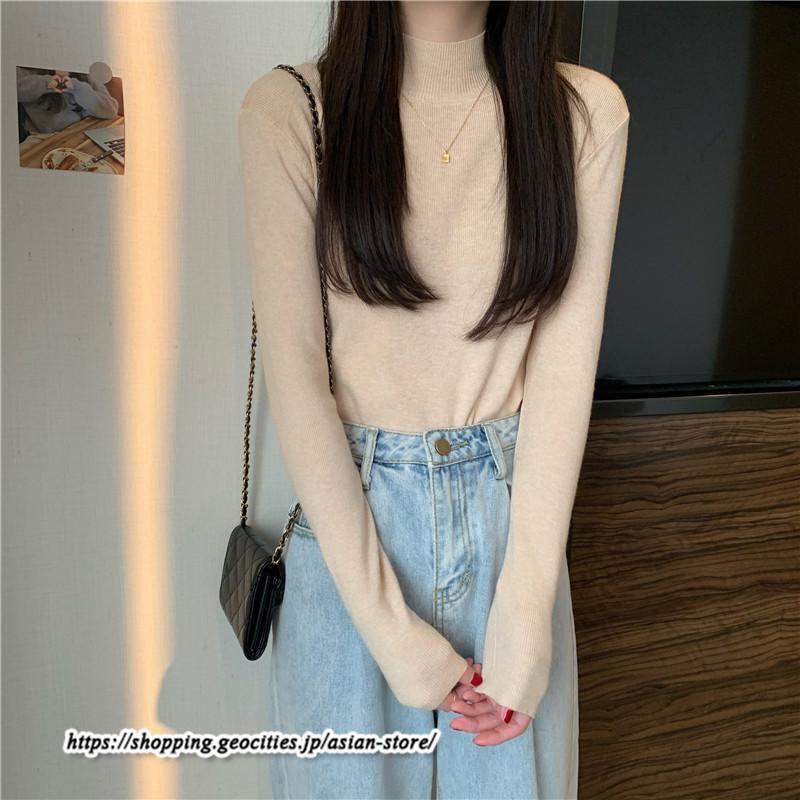 ニット・セーター | カットソー ニット レディース リブニット 長袖 秋冬 春 トップス スリム ストレッチ インナー 無地 プルオーバー 通学通勤 長袖ニット 長袖カットソー 着痩せ