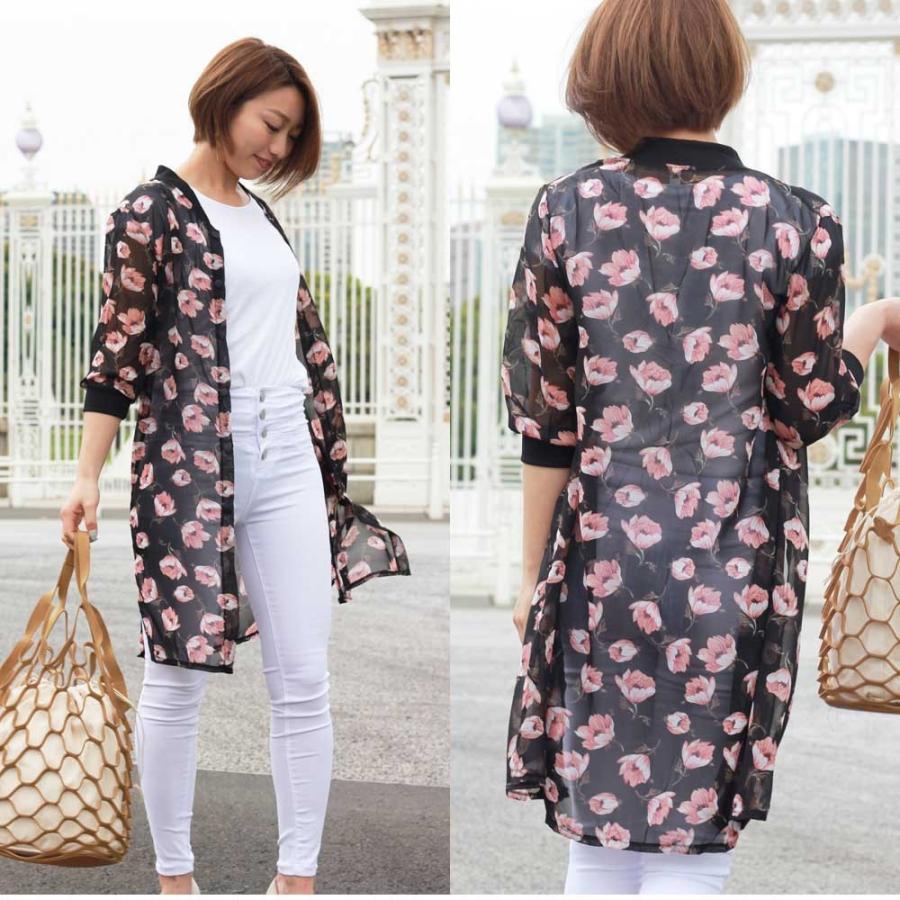 カーディガン | 花柄ガウン レディース シフォン薄手 カーデ シースルーロングガウン