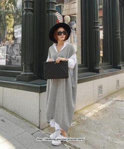 マキシ | ニットベストワンピース レディース 40代 秋冬 ワンピース Vネック ニットロングベスト ニットワンピース ゆったり ひざ下 オシャレ 韓国風 無地カジュアル