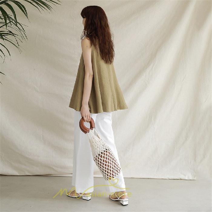 シャツ・ブラウス | ブラウス トップス ノースリーブ レディース tシャツ タンクトップ ベルト付き 広い裾 フレア裾 涼しい 涼感 体型カバー ゆったり 綿麻 夏 おしゃれ 大人 無地