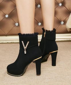 ショートブーツ | スエードブーツ レディース 切替 レース ラウンドトゥ 厚底シューズ チャンキーヒール 太ヒール 厚底 ミドルヒール サイドファスナー 黒