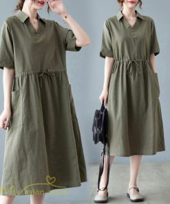 マキシ | ワンピース ゆるワンピース 無地 シャツワンピース ネック 麻混 ひざ丈 ウエスト紐 カジュアル ポケット 体型カバー ゆったり 30代 50代 夏物 40代 シンプル
