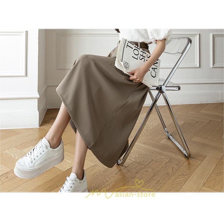 スカート | Aラインミモレ丈 裏地付き ボトムス 春 夏 黒 ベージュ カーキ おしゃれ お呼ばれ ファッション 女子会 カジュアル 無地 デート