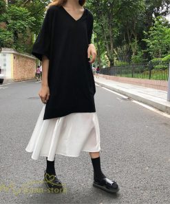 ミディアム | 夏ワンピース 切り替え ロング丈 黒白 フェイク フレア Aライン 五分袖 レイヤード風 重ね着風 Vネック 可愛い ミモレ丈 大人 20代30代40代 ゆったり