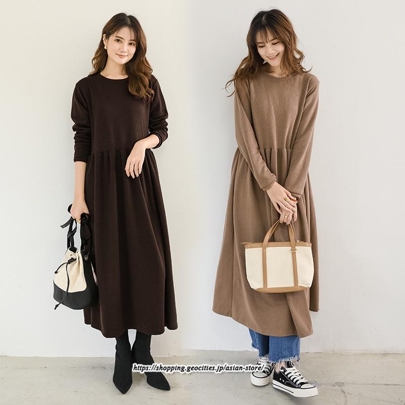 マキシ | ワンピース レディース ウエスト切替 スウェット素材 ロングワンピース タック入 L XL XXL シンプル カジュアル キレイめ 40代 通勤 オシャレ 50代 30代 20代