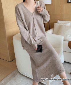 セットアップ | ニットレディース ニットカーディガン ニットスカート ウエストゴム 羽織りニット ダメージ加工 秋冬 長袖 ミモレ丈 無地