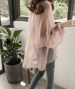 カーディガン | シフォンシャツブラウス 長袖 透け感 冷房対策 日焼け防止 無地 羽織り 体型カバー 大人 通学通勤 夏秋 トレンド フェミニン