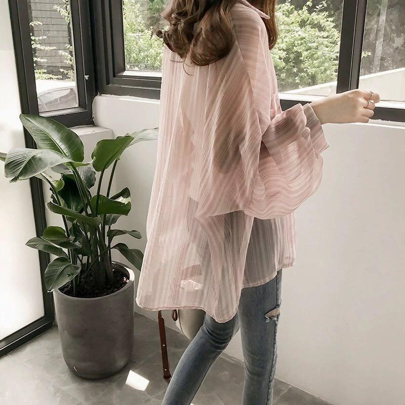 カーディガン | シフォンシャツブラウス 長袖 透け感 冷房対策 日焼け防止 無地 羽織り 体型カバー 大人 通学通勤 夏秋 トレンド フェミニン