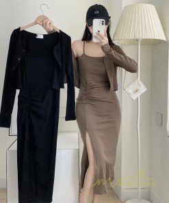 ミディアム | ワンピース タイトワンピース カーディガン セットアップ 2点セット セクシー 膝丈 スリット パーティー キャミソールワンピース スリム 無地 大人 美ライン