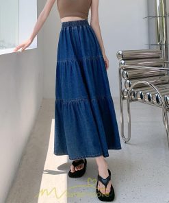 スカート | ティアードデニムフレアロングウエストゴム レディース 秋物 通学通勤 40代50代 20代30代ハイウエスト 大人