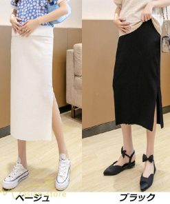 スカート | マタニティレディース 無地 ウエスト調整 着痩せ 裾口スリット カジュアル マタニティウェア 妊婦 産前 日常感 大きいサイズ おしゃれ 上品