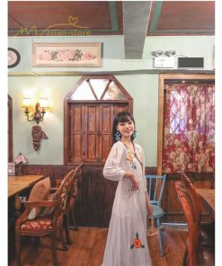 マキシ | ワンピース レディースワンピース 春夏 マキシワンピース ハイウエスト 長袖 二次会 通勤 OL 40代 着痩せ 刺繍 Vネック Aライン カジュアル エスニック 4色