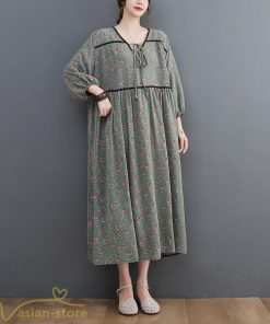 マキシ | ワンピース レディース Vネック 7分袖 秋 ロングワンピース フリーサイズ 花柄 40代 50代 大人 レトロ風 ゆるワンピース カジュアル 秋コーデ 30代 大人 20代
