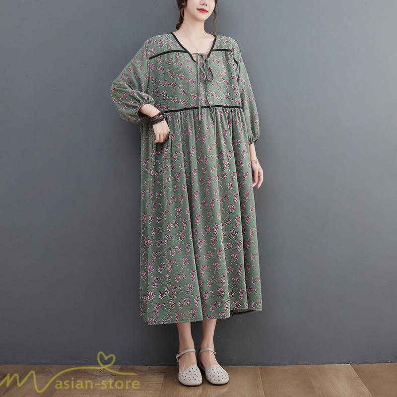 マキシ | ワンピース レディース Vネック 7分袖 秋 ロングワンピース フリーサイズ 花柄 40代 50代 大人 レトロ風 ゆるワンピース カジュアル 秋コーデ 30代 大人 20代