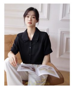 シャツ・ブラウス | トップス ブラウス 半袖 シャツ レディース オフィス フォーマル 白 黒 開襟 二重襟 バブルスリーブ 着痩せ フランス風 仕事服 クラシック 無地 通勤 大人 上品