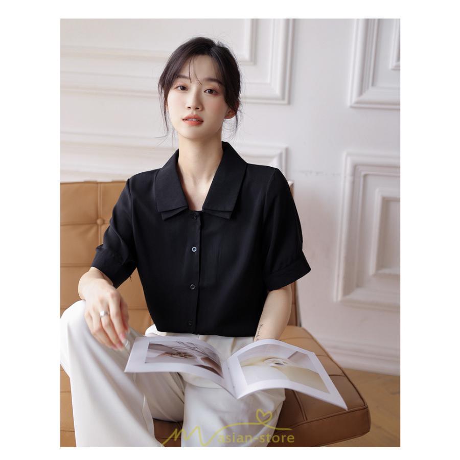 シャツ・ブラウス | トップス ブラウス 半袖 シャツ レディース オフィス フォーマル 白 黒 開襟 二重襟 バブルスリーブ 着痩せ フランス風 仕事服 クラシック 無地 通勤 大人 上品