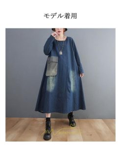 デニムワンピース | ワンピース デニム レディース 40代 ロング チュニック 長袖 ゆったり かわいい 大きいサイズ 藍 大きいポケット 体型カバー