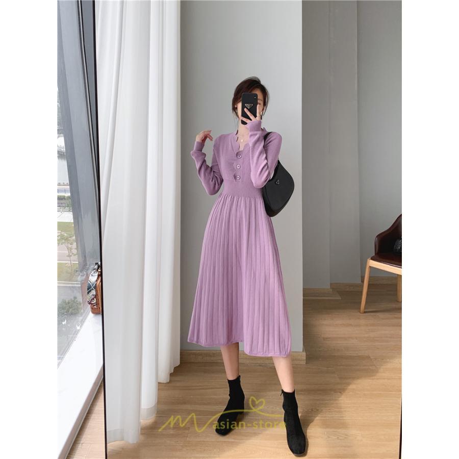 ニットワンピース | ワンピース 春 春服 レディース 長袖 ゆったり 秋 冬 ロング丈 可愛い 2022秋冬 暖か 通勤 おしゃれ デート 20代30代40代50代 女子会 同窓会