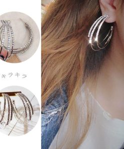 その他アクセサリー | 大ぶり ビジューピアス シルバー フープピアス 3連 リング ストーン きれいめ ゴールド
