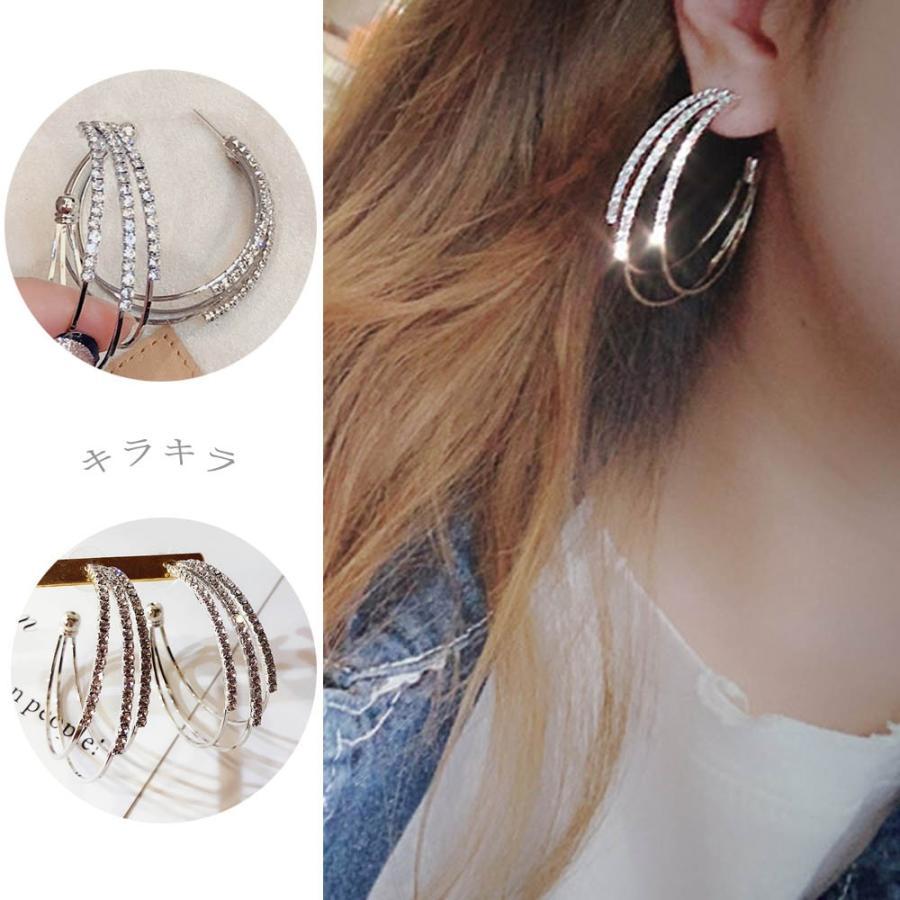 その他アクセサリー | 大ぶり ビジューピアス シルバー フープピアス 3連 リング ストーン きれいめ ゴールド
