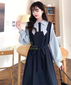 マキシ | Aラインワンピース 切り替えワンピース フェイクレイヤード 重ね着風 長袖 秋物 レディース 30代40代 大人 通学通勤 可愛い シャツカラー 着痩せ 50代