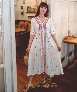 マキシ | ワンピース レディース コットン リゾート かわいい 五分袖 Ｖネック 花柄 上品 ロング丈 ファッション エスニック風 体型カバー お呼ばれ 二次会 民族風 披露宴