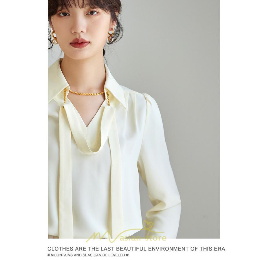 シャツ・ブラウス | ブラウス レディース シャツ トップス Vネック 長袖シャツ 無地 オフィス カジュアル おしゃれ シフォン 着痩せ OL リボン 通勤 20代30代40代50代