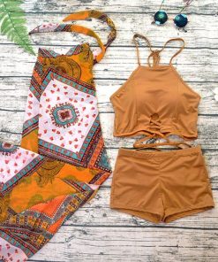 ビキニ | 水着 パレオ付き3点セット水着 ショートパンツ クロスバンド ハイウエスト エスニック柄 レディース リゾート