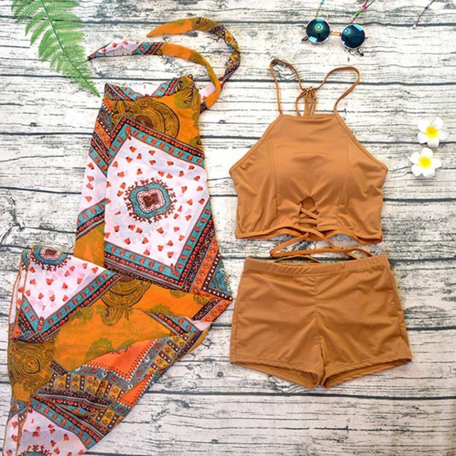 ビキニ | 水着 パレオ付き3点セット水着 ショートパンツ クロスバンド ハイウエスト エスニック柄 レディース リゾート