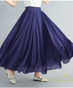 スカート | ロング綿麻フレアウエストゴム ハイウエスト 85cm ネイビー イエロー 無地 夏物 可愛い 春服