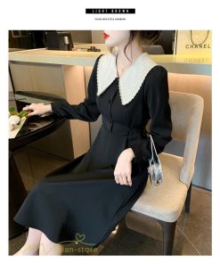 ミディアム | Aラインワンピース 秋コーデ レディース 長袖 膝丈ワンピース 腰リボン付き 美ライン シルエット 無地 フォーマル お呼ばれ 大人 オフィス 黒ワンピース