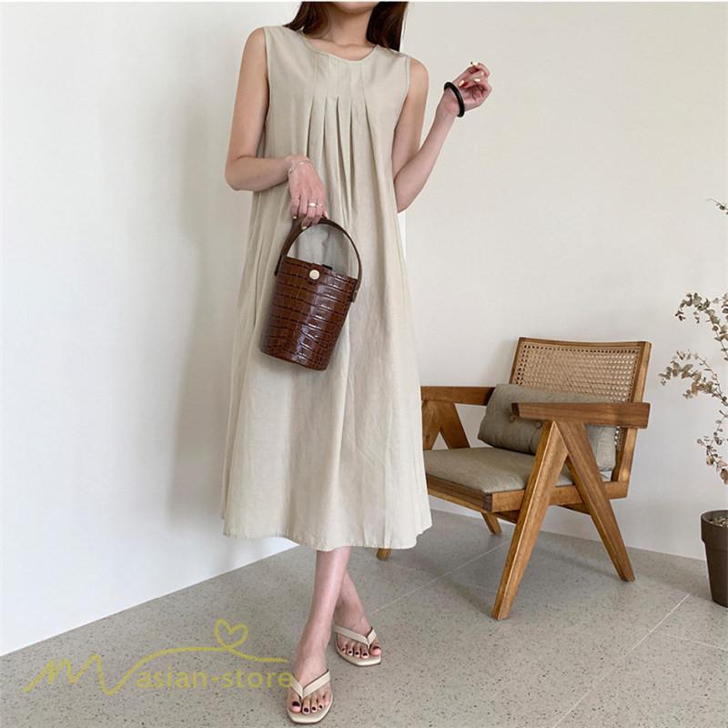 マキシ | ワンピース ノースリーブ 夏服 麻混 リネン混 春夏 カジュアル Aラインワンピース 綿麻 レディース フリーサイズ 夏 ロング丈 ギャザー きれいめ 無地