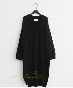 在庫ある | 短納期ロングニットワンピース ロングワンピ カットソー 長袖 トップス Vネック ゆったりセーターニット 体型カバー 通学通勤 OL ストレートニットワンピ