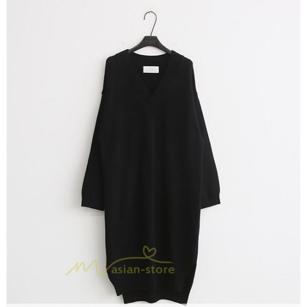 在庫ある | 短納期ロングニットワンピース ロングワンピ カットソー 長袖 トップス Vネック ゆったりセーターニット 体型カバー 通学通勤 OL ストレートニットワンピ