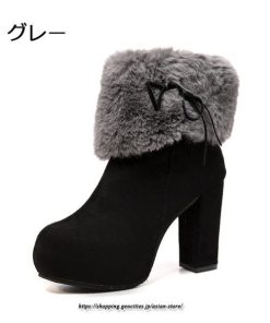 ブーツ | ショートレディース 10cmハイヒール ファー 冬用 保温防寒 太めヒール サイドジッパー スエード調 痛くない 冬靴 オシャレ 歩きやすい 痛くない
