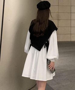 シャツワンピース | 長袖ワンピース おしゃれ チュニックワンピ 白 ベストレイヤード風 レディース アシンメトリー きれいめ