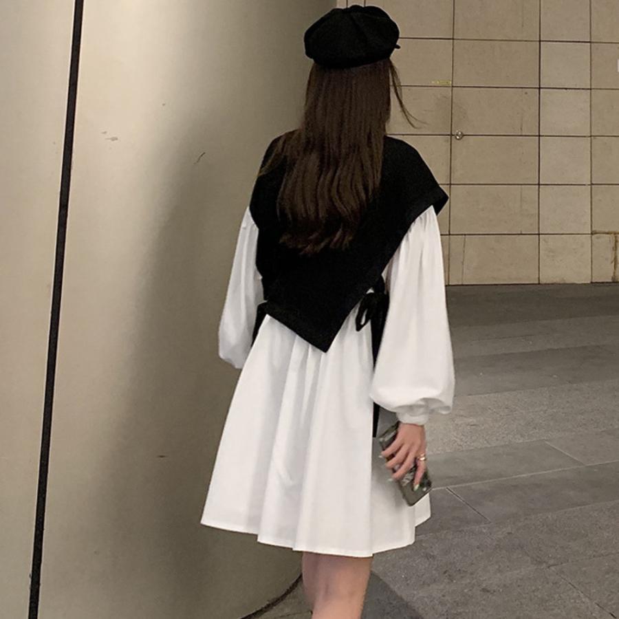 シャツワンピース | 長袖ワンピース おしゃれ チュニックワンピ 白 ベストレイヤード風 レディース アシンメトリー きれいめ