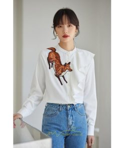 シャツ・ブラウス | ブラウス レディース オフィス 白 長袖 ビジネス カジュアル シャツ 刺繍 アニマル柄 動物柄 狐 個性的 冬 2022新作 秋 可愛い 上品 フェミニン