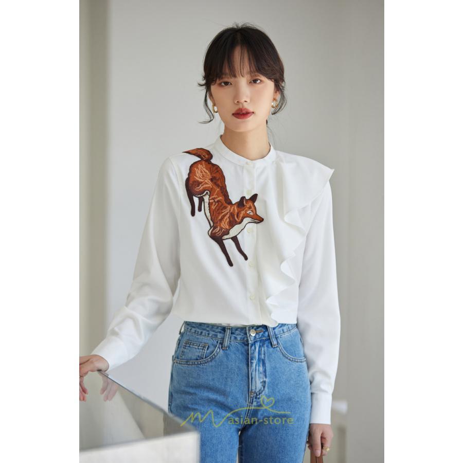 シャツ・ブラウス | ブラウス レディース オフィス 白 長袖 ビジネス カジュアル シャツ 刺繍 アニマル柄 動物柄 狐 個性的 冬 2022新作 秋 可愛い 上品 フェミニン