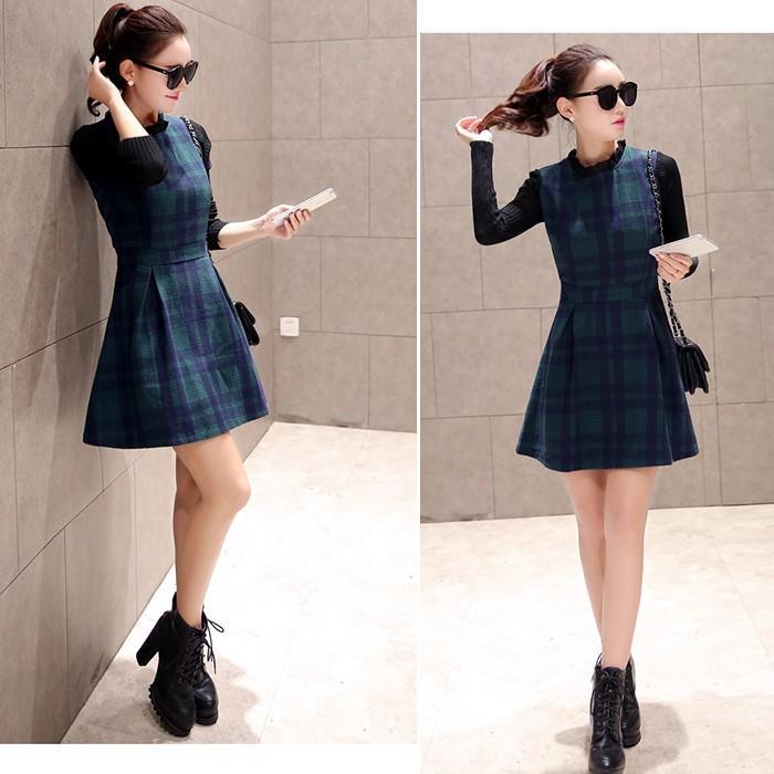 ニットワンピース | 即日秋冬 切り替え チェック柄 ドッキングワンピース ニット セーター 長袖 Aライン 20代30代 クルーネック 大人 可愛い 膝上丈