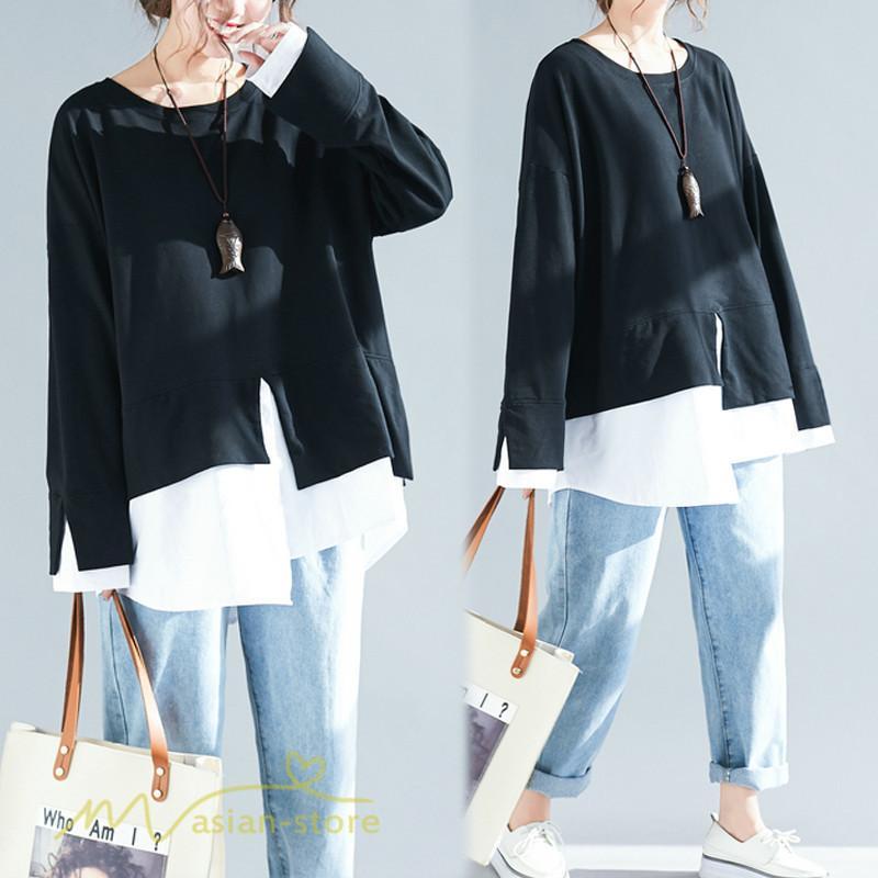 パーカー | 重ね着風トレーナー レディース 長袖 トップス カジュアル スウェット 無地 ゆったり トレーナー きれいめ 可愛い フリーサイズ トップス カットソー