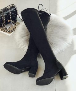 ロングブーツ | ストレッチニーハイブーツ レディース チャンキーヒール レースアップ スエードブーツ ミドルヒール 太ヒール 膝上丈 大きいサイズ 黒ブーツ