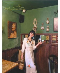 マキシ | ワンピース レディースワンピース 春夏 マキシワンピース ハイウエスト 長袖 二次会 通勤 OL 40代 着痩せ 刺繍 Vネック Aライン カジュアル エスニック 4色