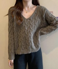 ニット・セーター | ケーブル編みニットトップス Vネック春秋