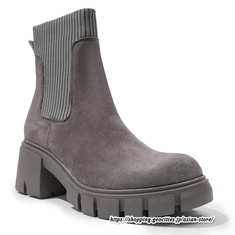 ショートブーツ | 大きいサイズ27cm レディース 上品 ブーツ 秋冬 春 厚底ブーツ ラウンドトゥ ソックス切り替え 太ヒール 大人 チャンキーヒール 黒ブーツ