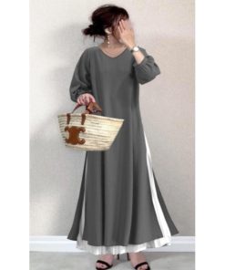 セットアップ | 秋ワンピース 長袖 無地 マキシワンピース Vネック 可愛い 2点セット フリーサイズ グリーン 大人 体型カバー 秋コーデ Aライン プリーツスカート