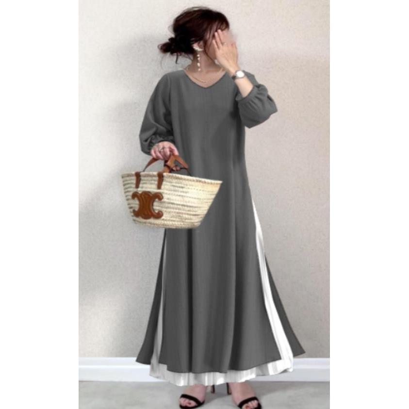 セットアップ | 秋ワンピース 長袖 無地 マキシワンピース Vネック 可愛い 2点セット フリーサイズ グリーン 大人 体型カバー 秋コーデ Aライン プリーツスカート