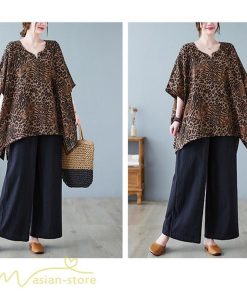 ｔシャツ・カットソー | カットソー レディース Tシャツ Vネック 5分袖 ヒョウ柄 レオパード 20代 30代 着痩せ 体型カバー ゆったり トップス 夏物 フリーサイズ 50代 40代 Vネック