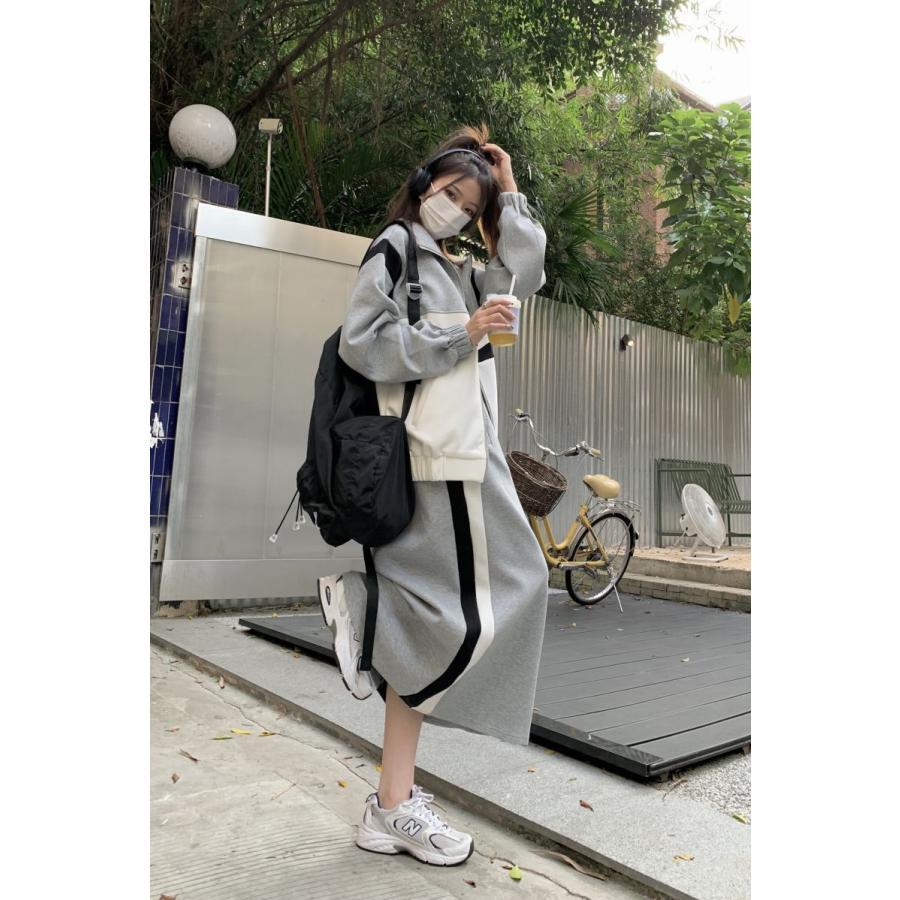 スカート | スウェット秋冬 レディース ドッキング ロングジャケット パーカー スウェット アウター 無地 ボトムズ 運動 ウエストゴム ジップアップ