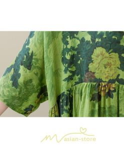 マキシ | ワンピース レディース 大きいサイズ 半袖 ロング丈 マキシ丈 クルーネック コットン 花柄 緑 夏 体型カバー 広がる裾 着痩せ 美シルエット ゆったり ポケット